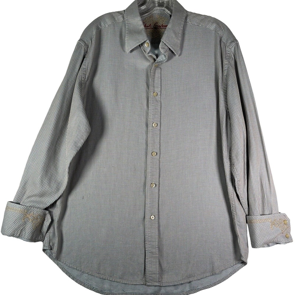 Robert Graham‎ Shirt Mens XL Blue Geo Embroidered Flip Cuff Long Sleeve Casual